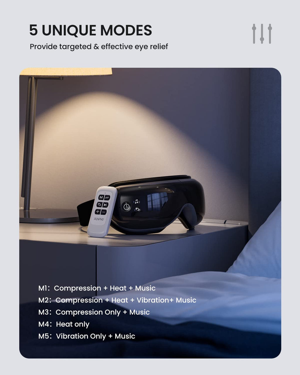 RENPHO Masajeador de ojos con control remoto y calor,Compresión de aire masajear ojos recargable para aliviar la tensión ocular Círculos oscuros Bolsas de ojos Mejorar el sueño regalo dia de la madre