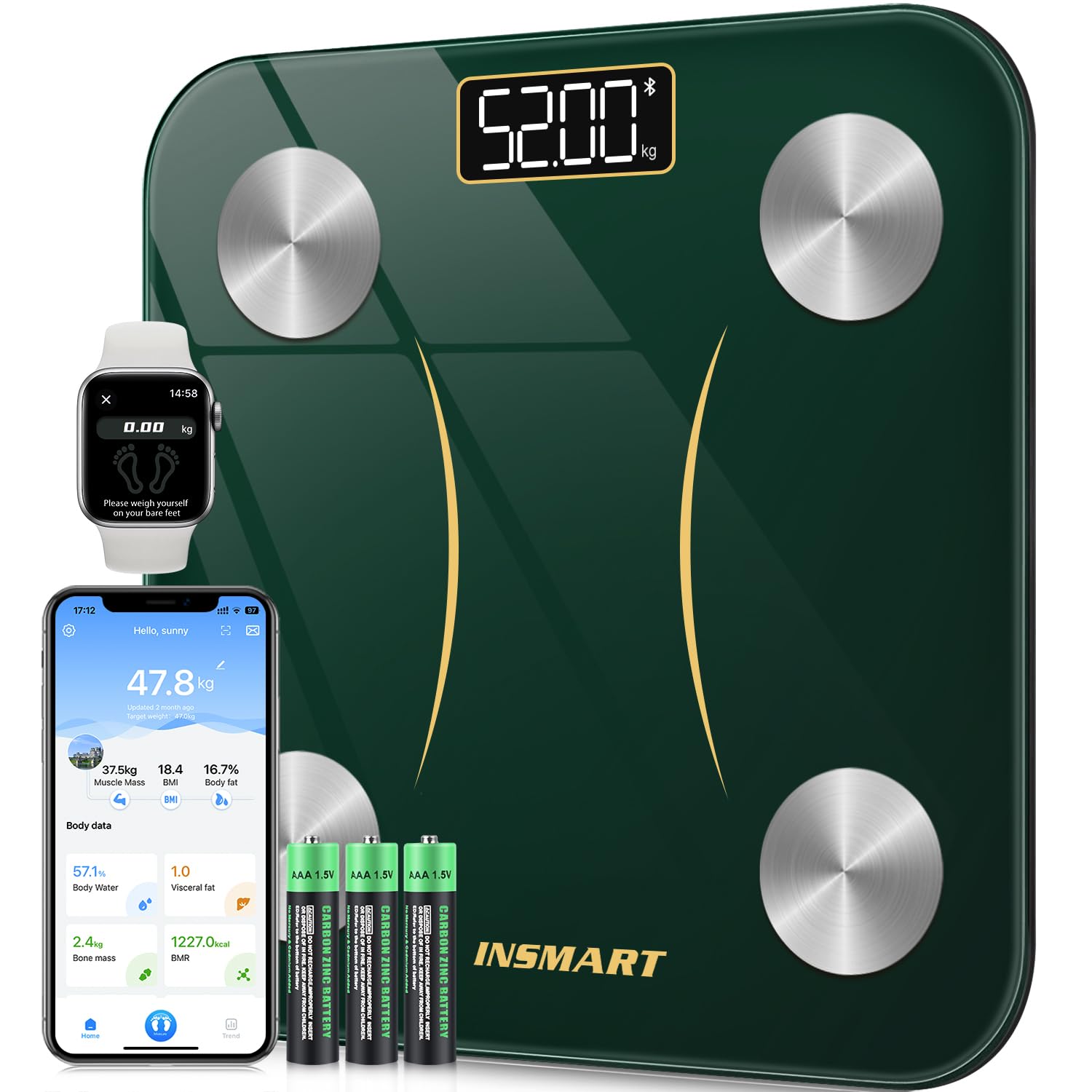 Bluetooth Body Fat Scale, INSMART Digital Bathroom Scale with Smart App, 13 Body Composition Monitors, for Android and iOS, 180 kg Black