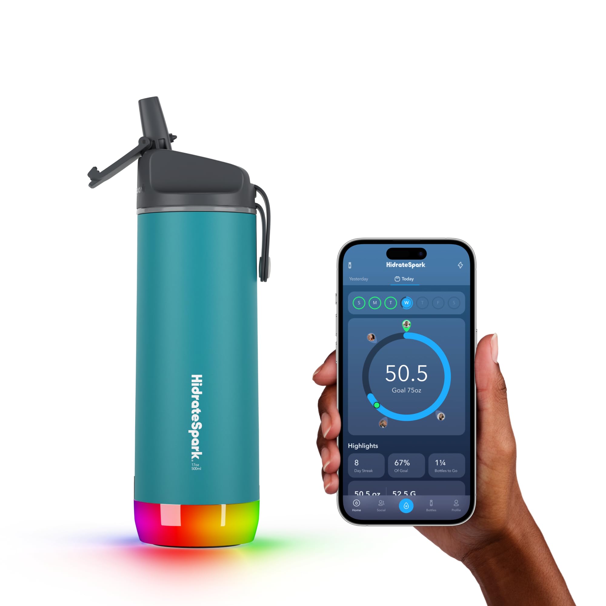 Hidrate Spark - Smart Water Bottle Made of Steel, Tracks Water Consumption and Shine to Remind You to Keep Hydrated, Straw, 21 oz, Brushed Stainless Steel