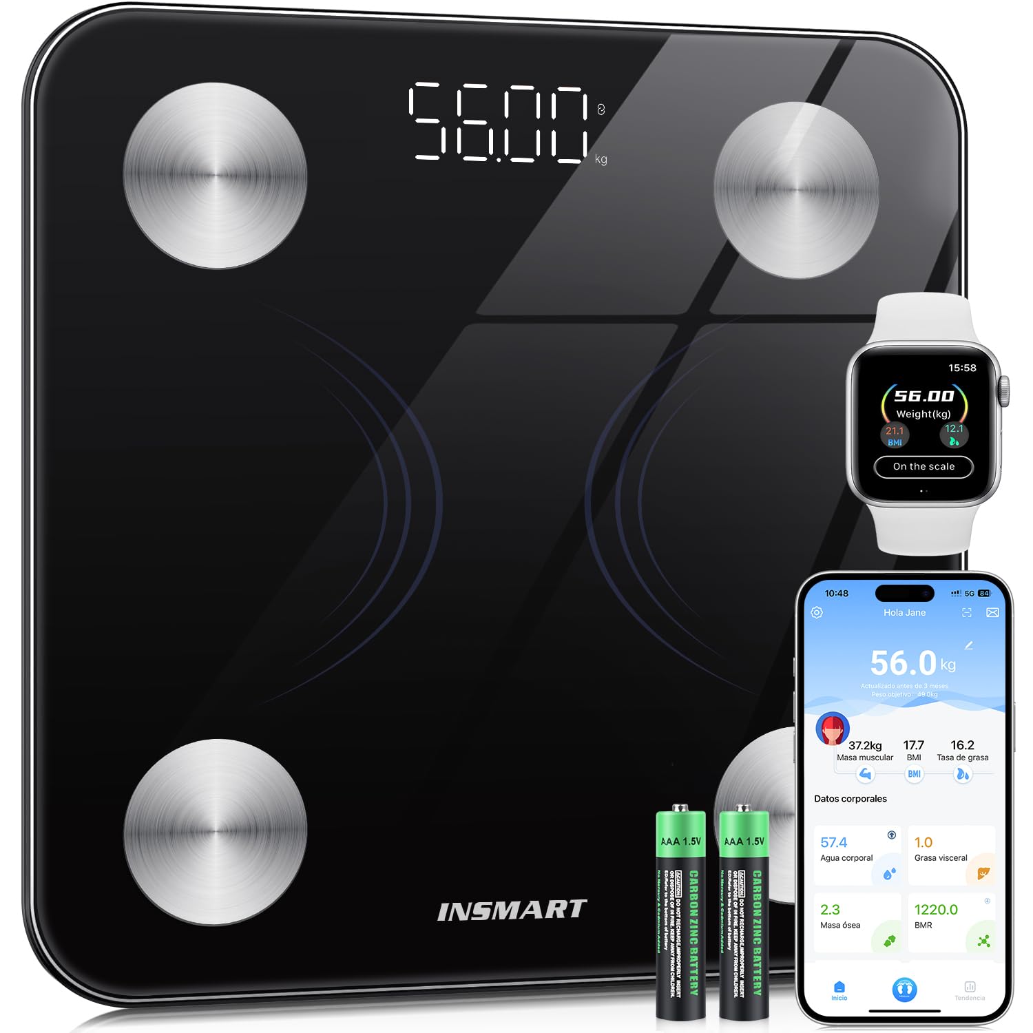 Bluetooth Body Fat Scale, INSMART Digital Bathroom Scale with Smart App, 13 Body Composition Monitors, for Android and iOS, 180 kg Black