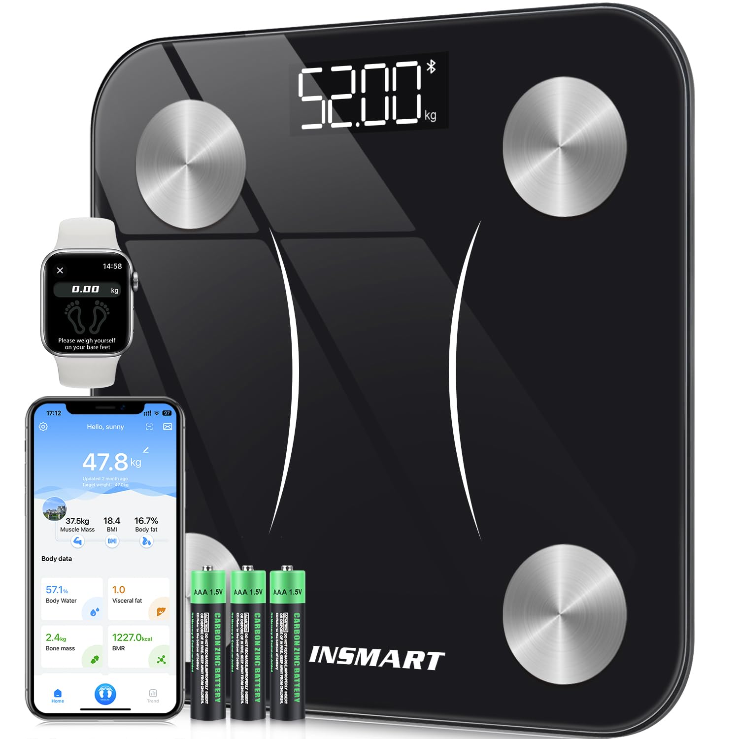 Bluetooth Body Fat Scale, INSMART Digital Bathroom Scale with Smart App, 13 Body Composition Monitors, for Android and iOS, 180 kg Black
