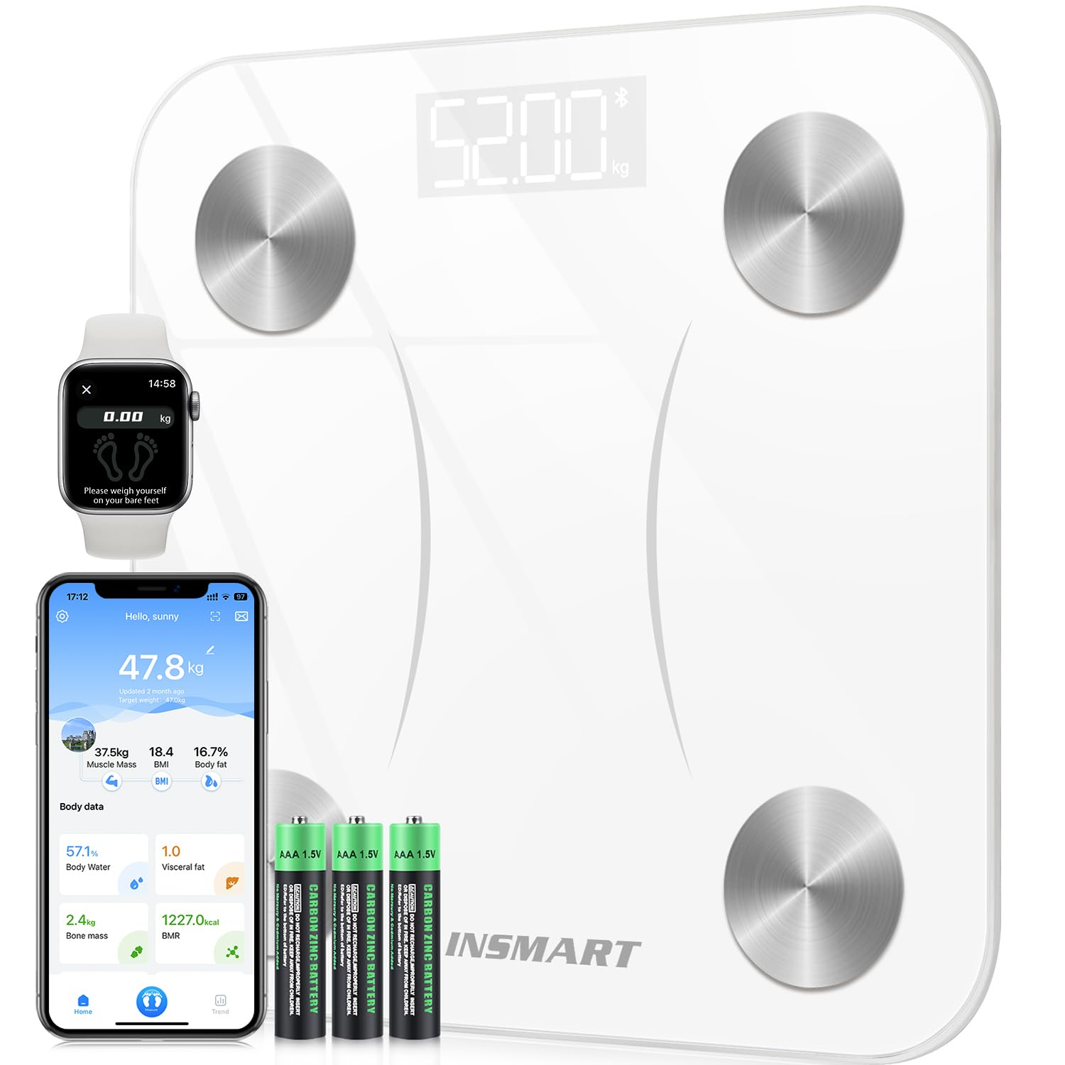 Bluetooth Body Fat Scale, INSMART Digital Bathroom Scale with Smart App, 13 Body Composition Monitors, for Android and iOS, 180 kg Black