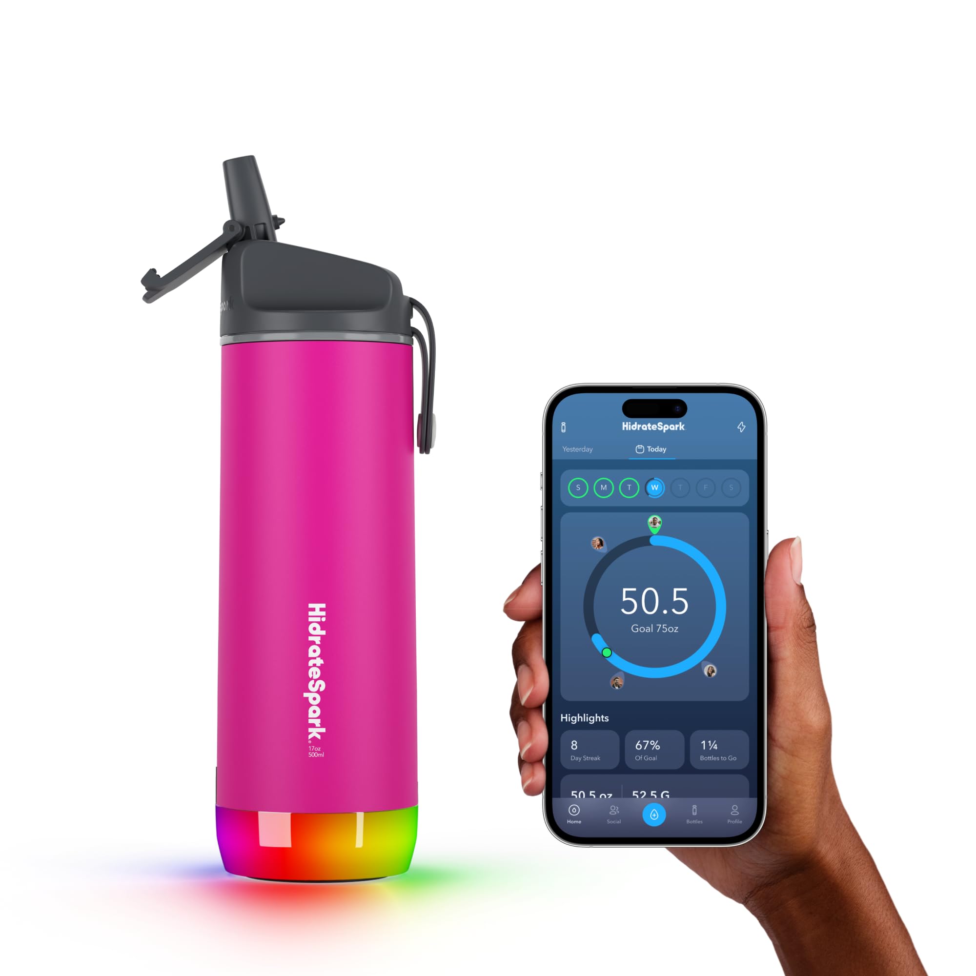 Hidrate Spark - Smart Water Bottle Made of Steel, Tracks Water Consumption and Shine to Remind You to Keep Hydrated, Straw, 21 oz, Brushed Stainless Steel