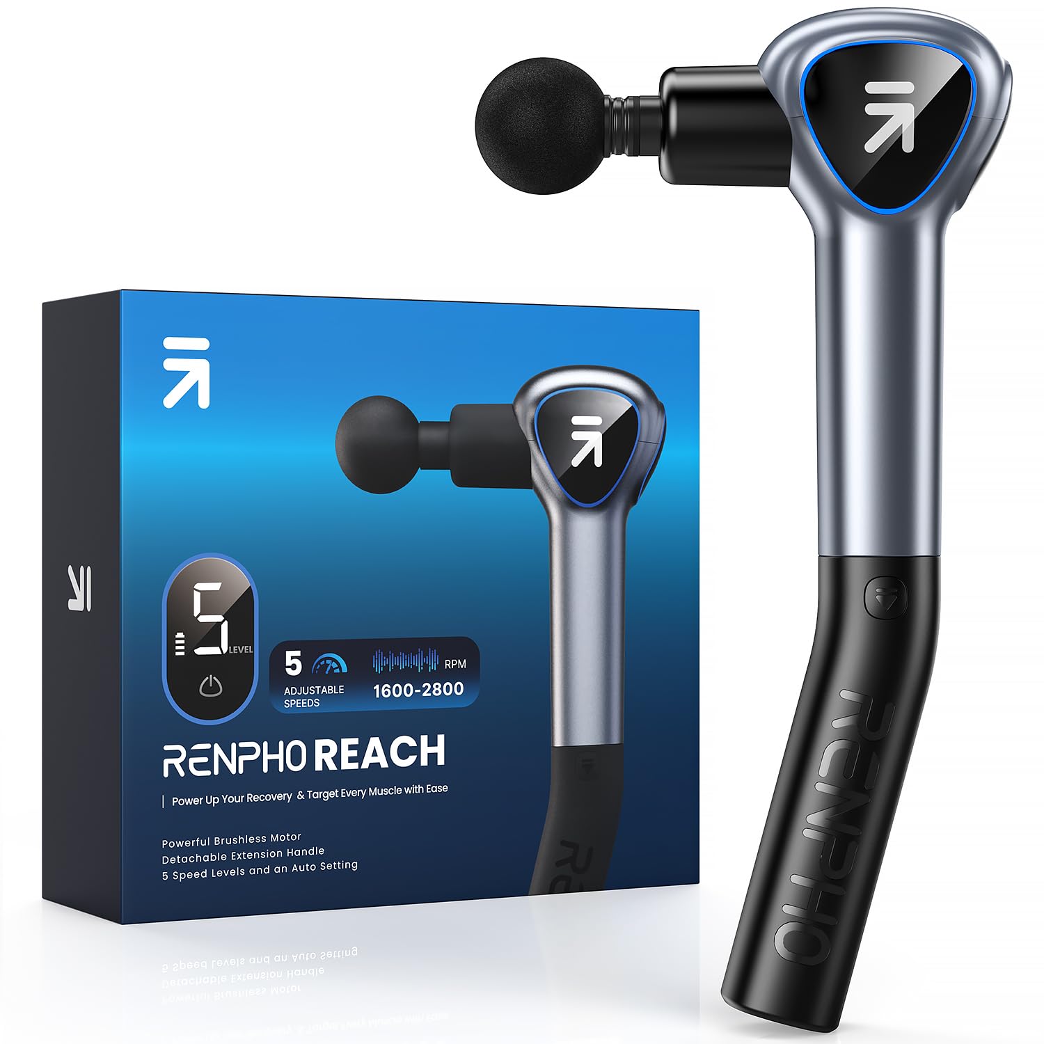 RENPHO Reach Massage Gun with Detachable Extendable Handle, Professional Massage Gun with LED Screen for Muscle Relaxation, Grey