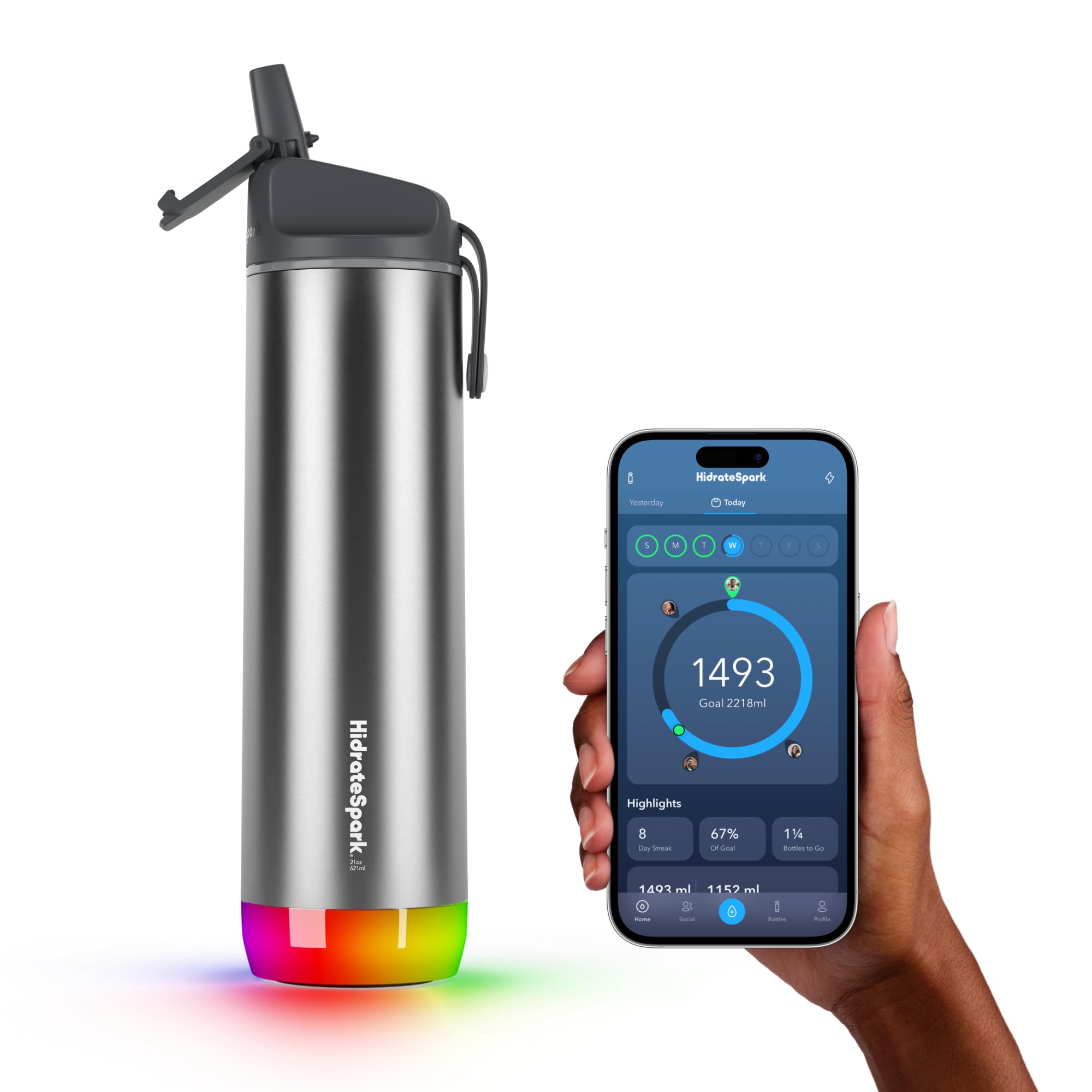Hidrate Spark - Smart Water Bottle Made of Steel, Tracks Water Consumption and Shine to Remind You to Keep Hydrated, Straw, 21 oz, Brushed Stainless Steel