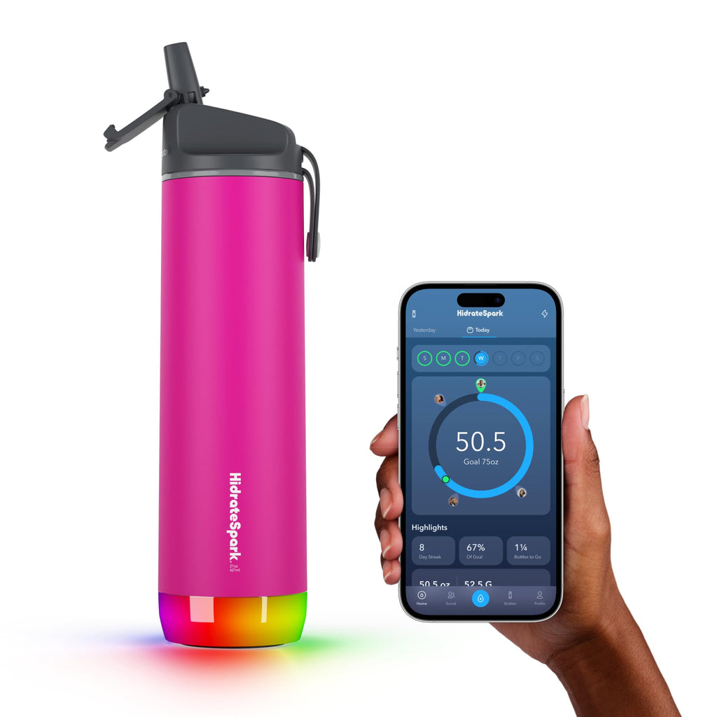 Hidrate Spark - Smart Water Bottle Made of Steel, Tracks Water Consumption and Shine to Remind You to Keep Hydrated, Straw, 21 oz, Brushed Stainless Steel