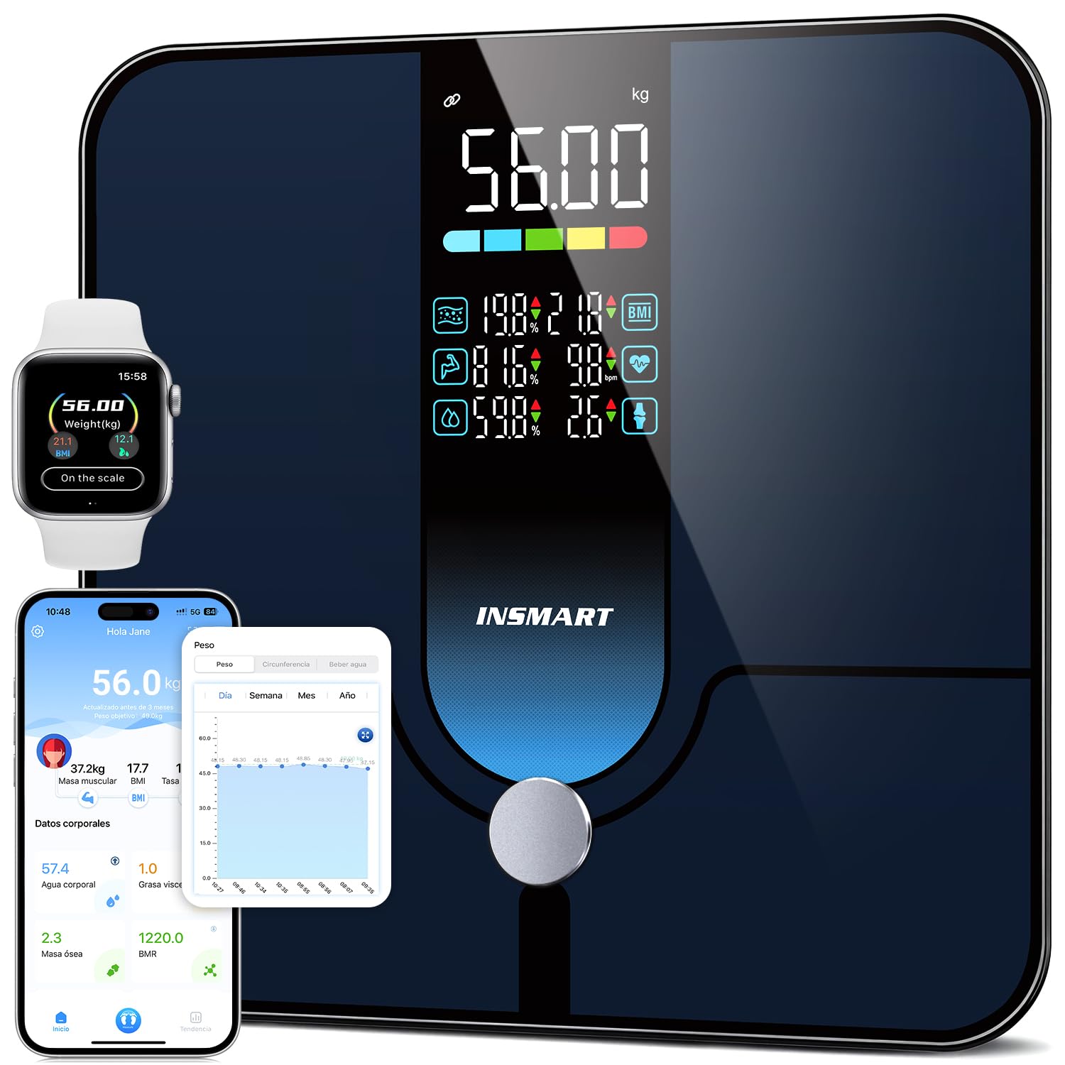 Bluetooth Body Fat Scale, INSMART Digital Bathroom Scale with Smart App, 13 Body Composition Monitors, for Android and iOS, 180 kg Black