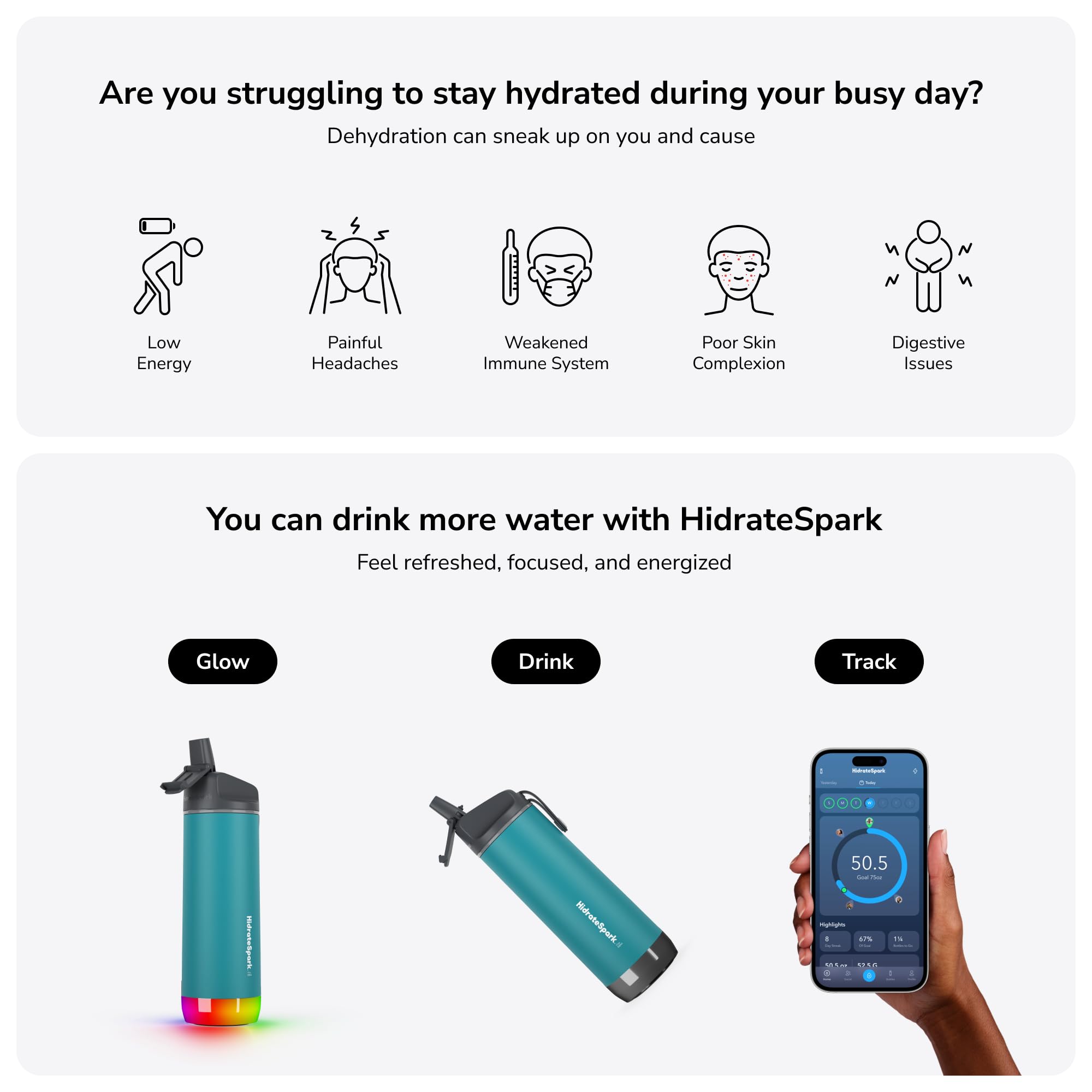 Hidrate Spark - Smart Water Bottle Made of Steel, Tracks Water Consumption and Shine to Remind You to Keep Hydrated, Straw, 21 oz, Brushed Stainless Steel