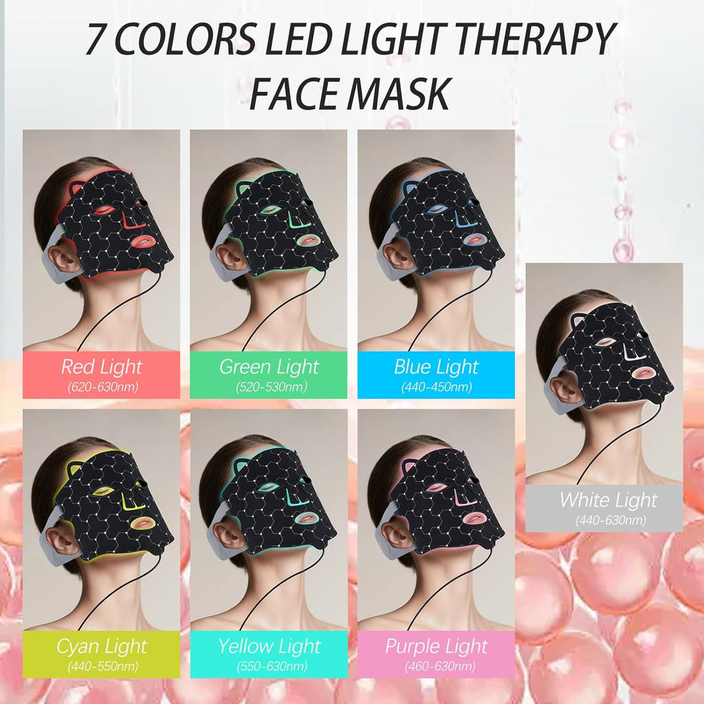 Mascara Led Facial Máscara Facial de Terapia de Luz Roja LED con 7 Modos para Acné, Arrugas y Rejuvenecimiento de Control Remoto, Recargable para el Cuidado de la piel del Hogar