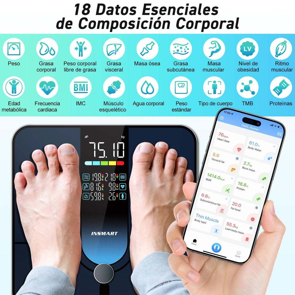 Bluetooth Body Fat Scale, INSMART Digital Bathroom Scale with Smart App, 13 Body Composition Monitors, for Android and iOS, 180 kg Black