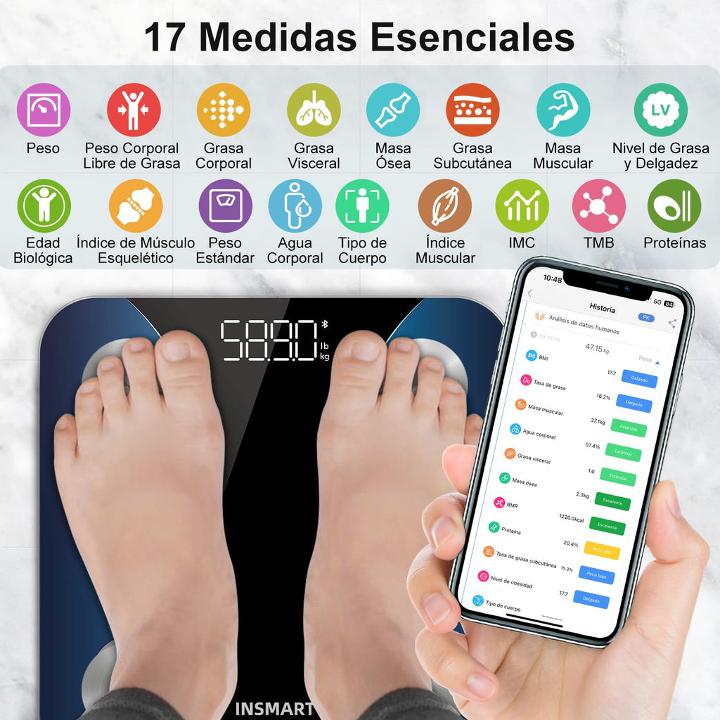 Bluetooth Body Fat Scale, INSMART Digital Bathroom Scale with Smart App, 13 Body Composition Monitors, for Android and iOS, 180 kg Black