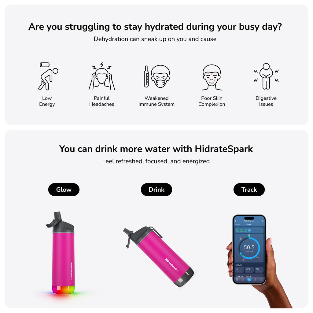 Hidrate Spark - Smart Water Bottle Made of Steel, Tracks Water Consumption and Shine to Remind You to Keep Hydrated, Straw, 21 oz, Brushed Stainless Steel