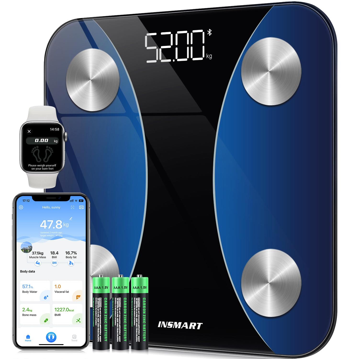 Bluetooth Body Fat Scale, INSMART Digital Bathroom Scale with Smart App, 13 Body Composition Monitors, for Android and iOS, 180 kg Black