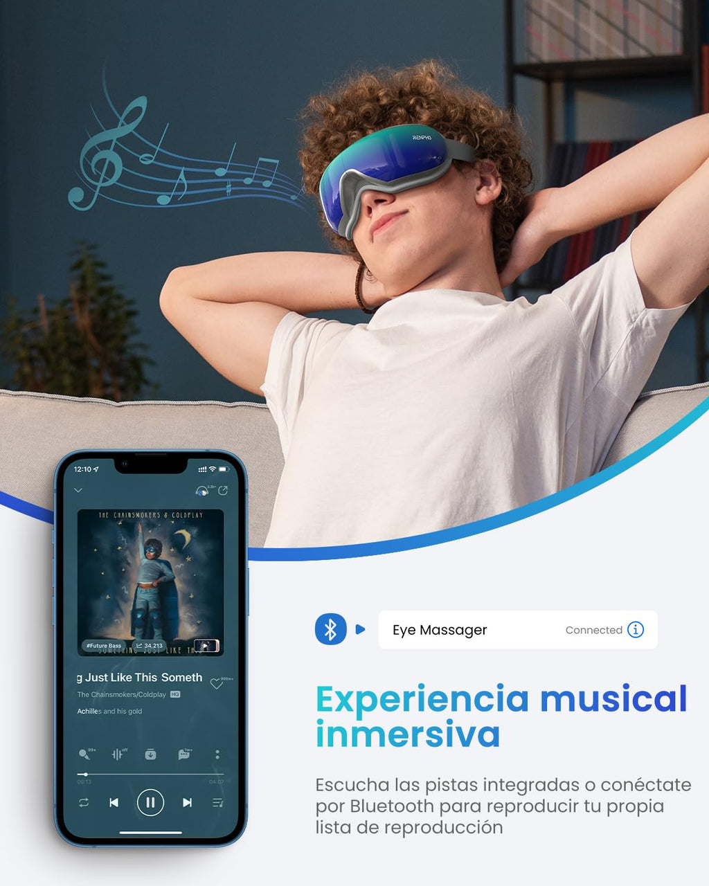 RENPHO Masajeador de ojos con control remoto y calor,Compresión de aire masajear ojos recargable para aliviar la tensión ocular Círculos oscuros Bolsas de ojos Mejorar el sueño regalo dia de la madre