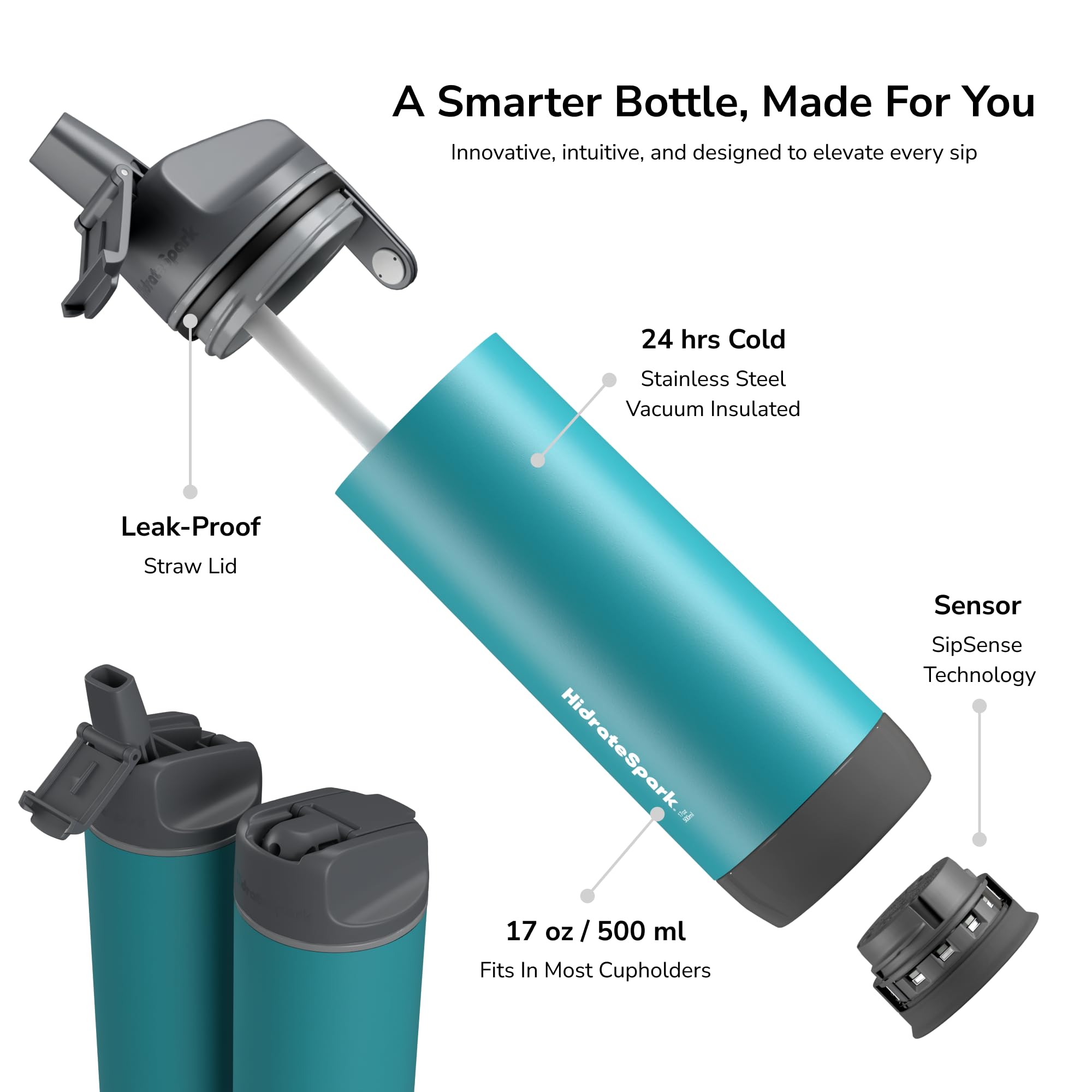 Hidrate Spark - Smart Water Bottle Made of Steel, Tracks Water Consumption and Shine to Remind You to Keep Hydrated, Straw, 21 oz, Brushed Stainless Steel