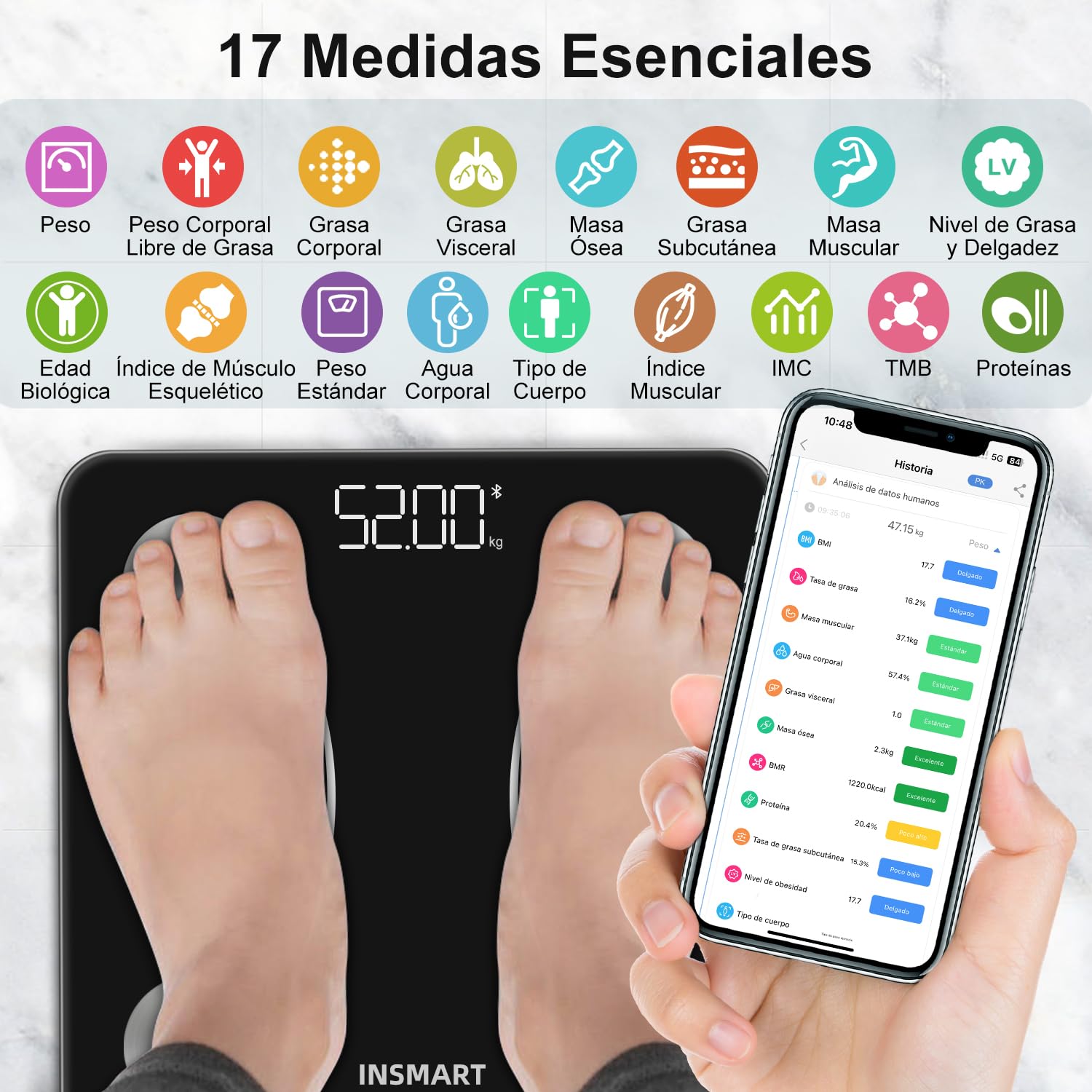 Bluetooth Body Fat Scale, INSMART Digital Bathroom Scale with Smart App, 13 Body Composition Monitors, for Android and iOS, 180 kg Black