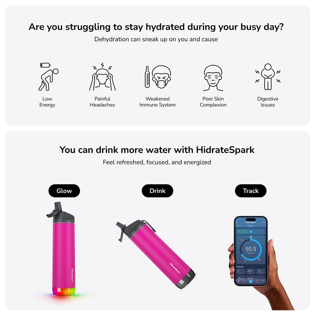 Hidrate Spark - Smart Water Bottle Made of Steel, Tracks Water Consumption and Shine to Remind You to Keep Hydrated, Straw, 21 oz, Brushed Stainless Steel