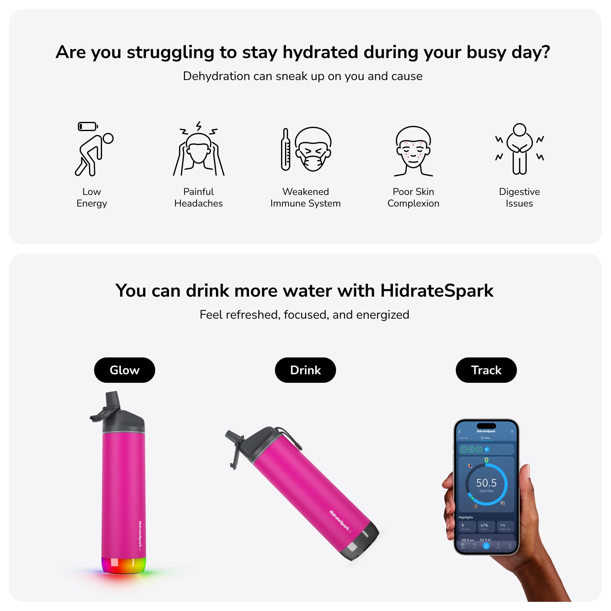 Hidrate Spark - Smart Water Bottle Made of Steel, Tracks Water Consumption and Shine to Remind You to Keep Hydrated, Straw, 21 oz, Brushed Stainless Steel