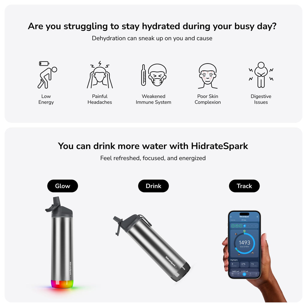 Hidrate Spark - Smart Water Bottle Made of Steel, Tracks Water Consumption and Shine to Remind You to Keep Hydrated, Straw, 21 oz, Brushed Stainless Steel