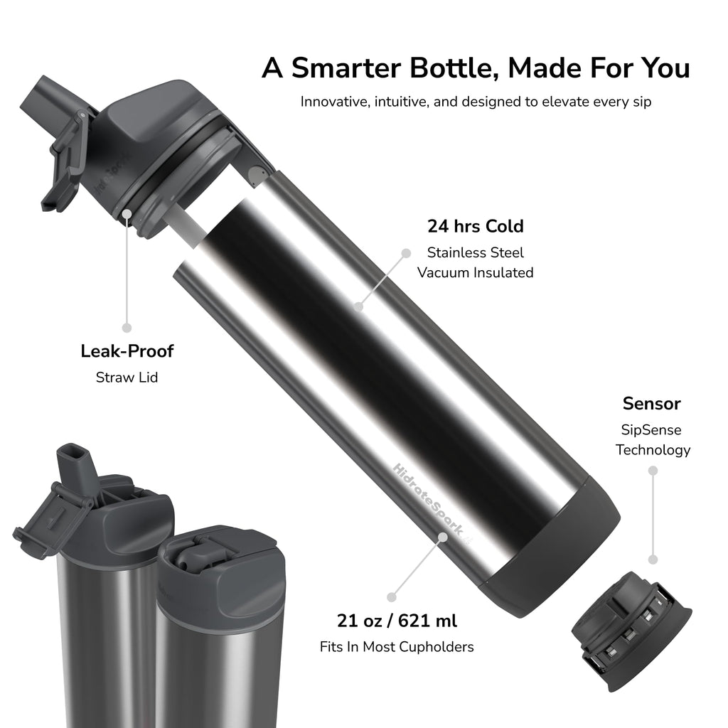Hidrate Spark - Smart Water Bottle Made of Steel, Tracks Water Consumption and Shine to Remind You to Keep Hydrated, Straw, 21 oz, Brushed Stainless Steel