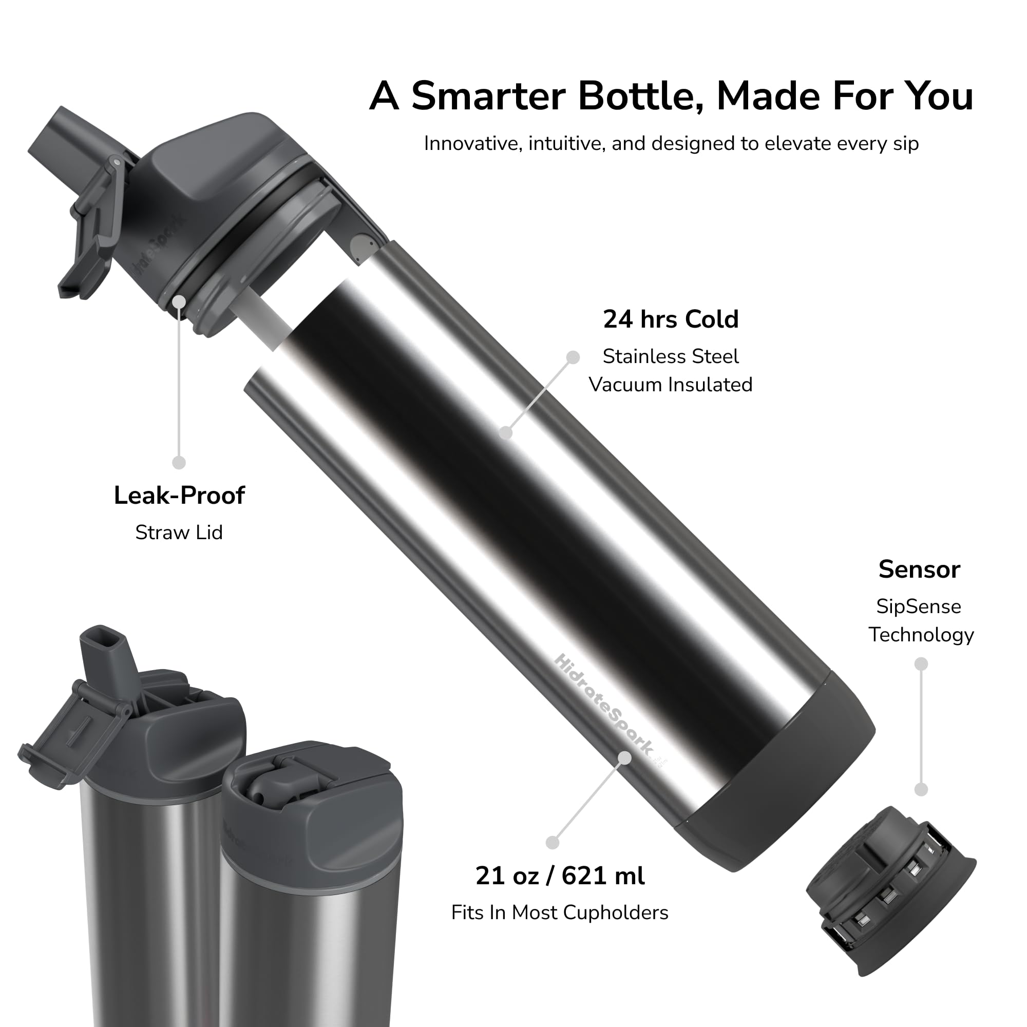 Hidrate Spark - Smart Water Bottle Made of Steel, Tracks Water Consumption and Shine to Remind You to Keep Hydrated, Straw, 21 oz, Brushed Stainless Steel