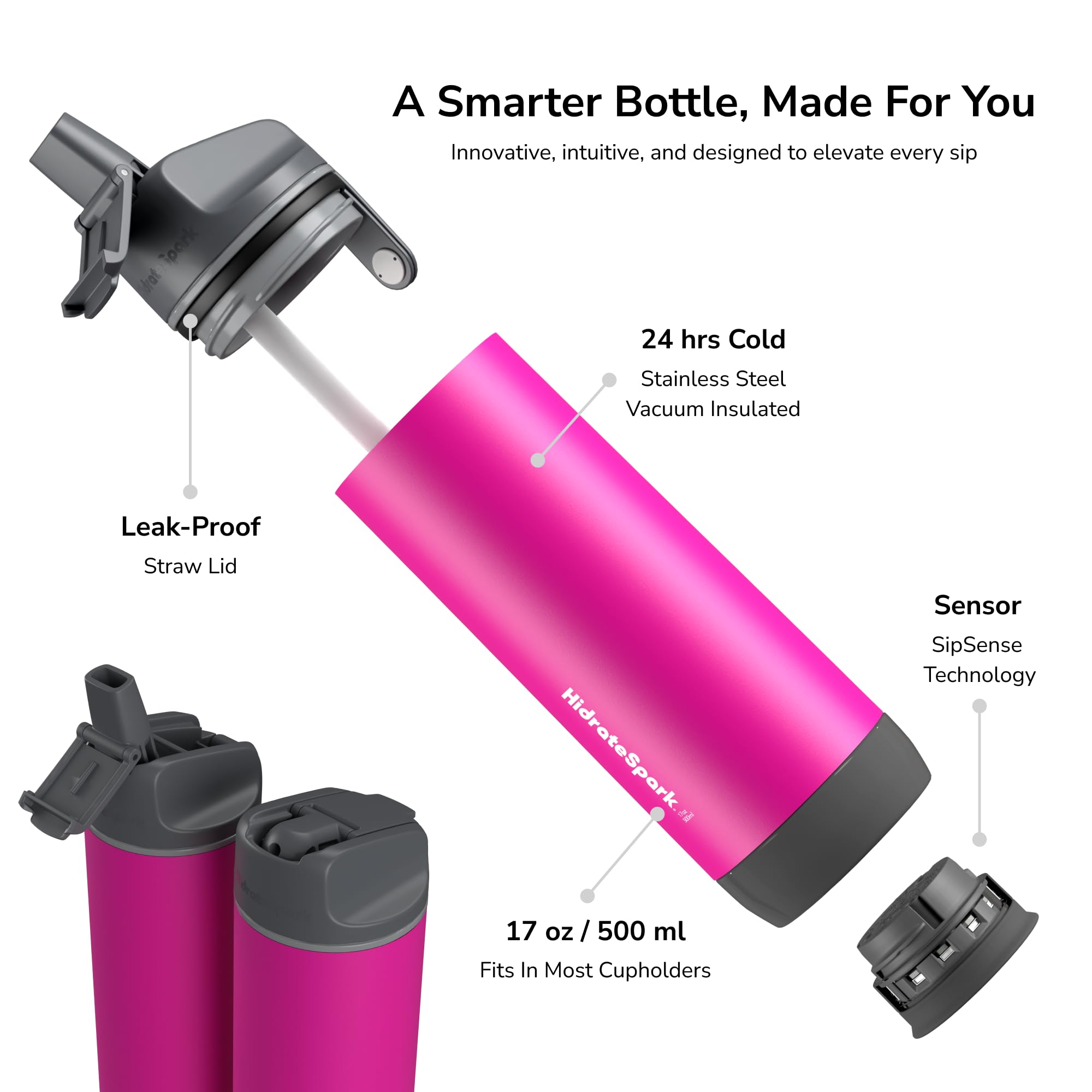 Hidrate Spark - Smart Water Bottle Made of Steel, Tracks Water Consumption and Shine to Remind You to Keep Hydrated, Straw, 21 oz, Brushed Stainless Steel