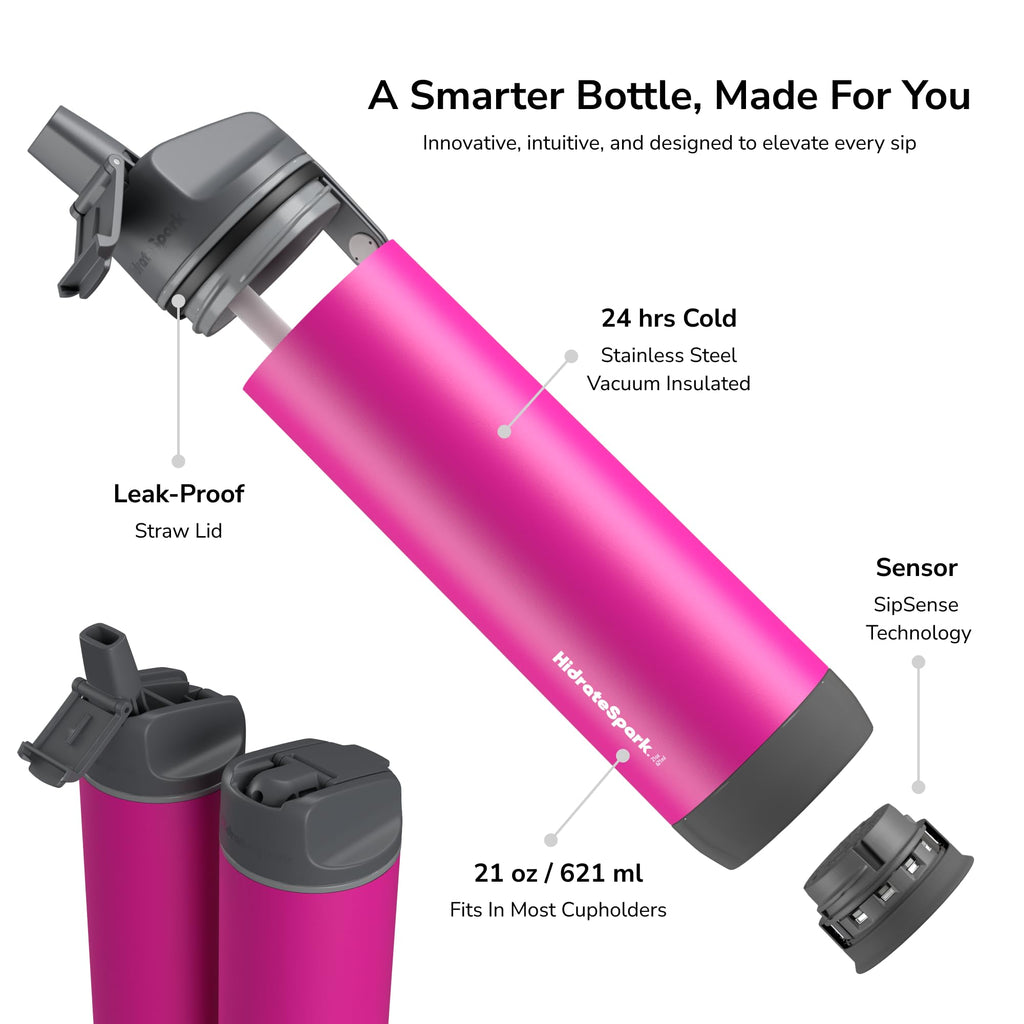 Hidrate Spark - Smart Water Bottle Made of Steel, Tracks Water Consumption and Shine to Remind You to Keep Hydrated, Straw, 21 oz, Brushed Stainless Steel