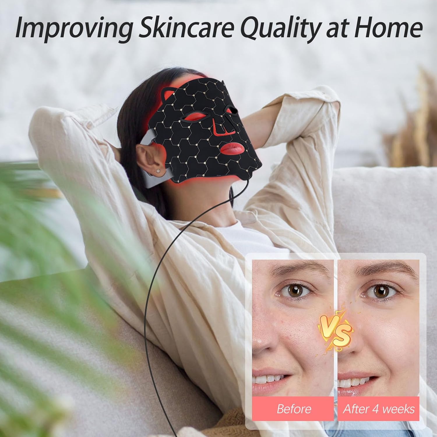 Mascara Led Facial Máscara Facial de Terapia de Luz Roja LED con 7 Modos para Acné, Arrugas y Rejuvenecimiento de Control Remoto, Recargable para el Cuidado de la piel del Hogar