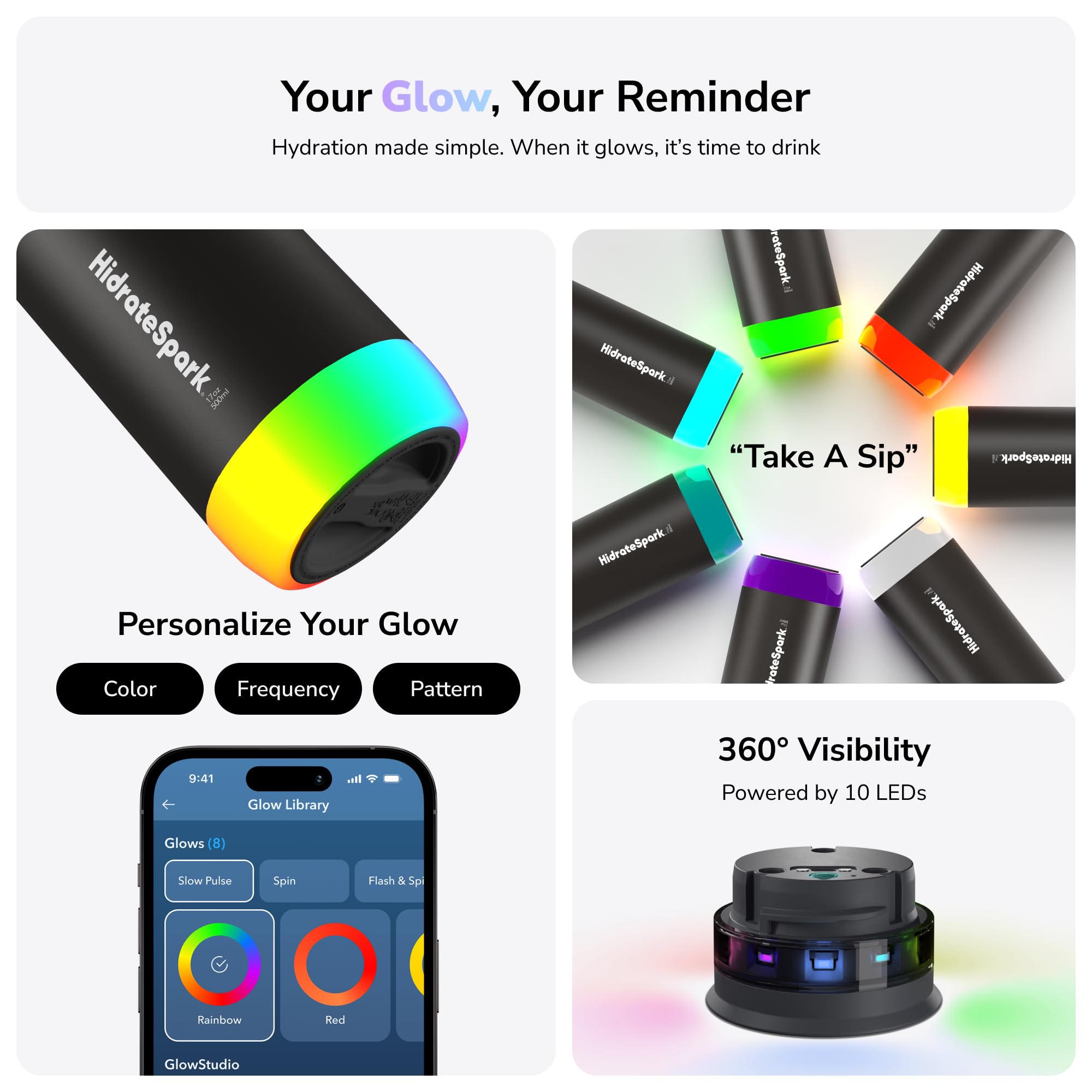 Hidrate Spark - Smart Water Bottle Made of Steel, Tracks Water Consumption and Shine to Remind You to Keep Hydrated, Straw, 21 oz, Brushed Stainless Steel