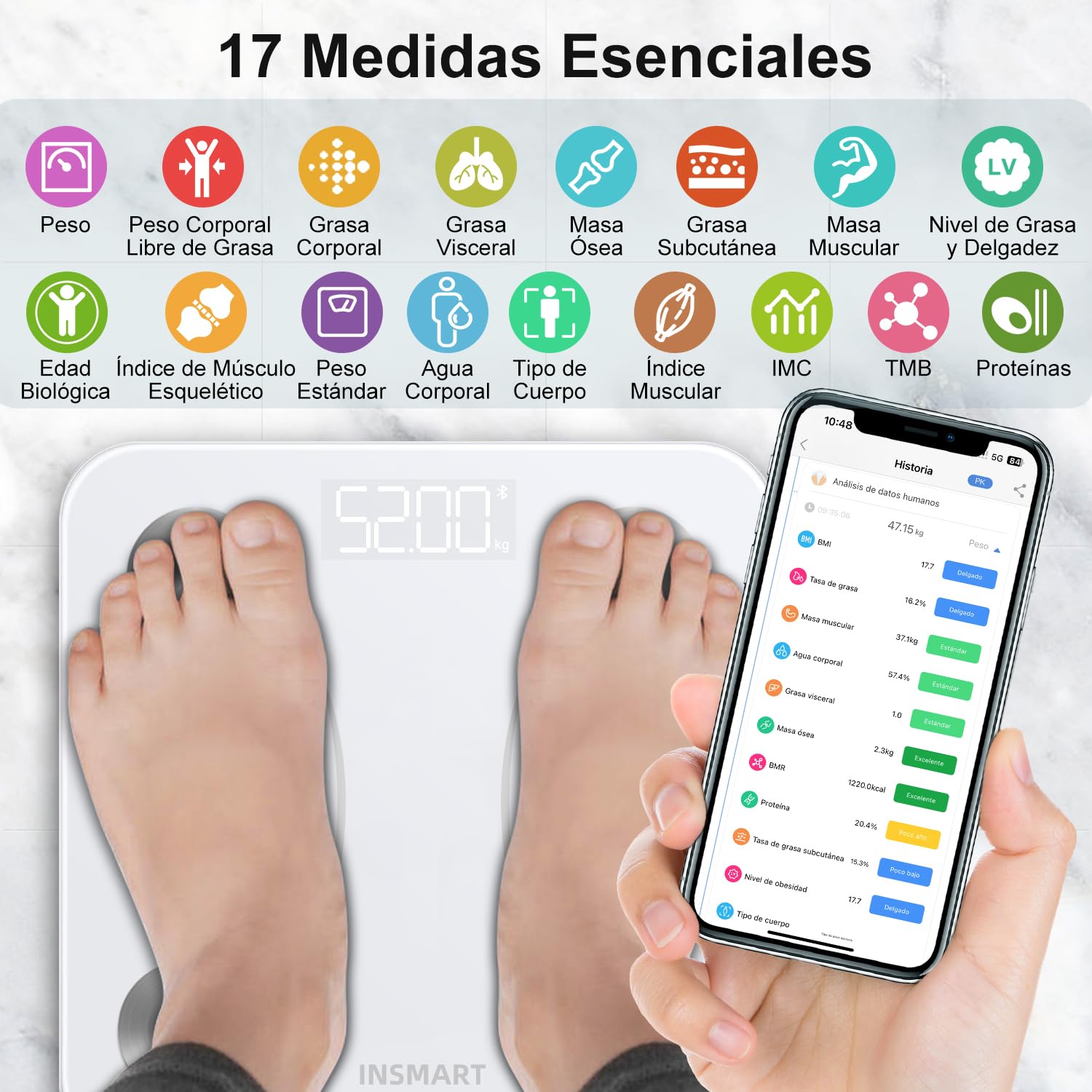 Bluetooth Body Fat Scale, INSMART Digital Bathroom Scale with Smart App, 13 Body Composition Monitors, for Android and iOS, 180 kg Black