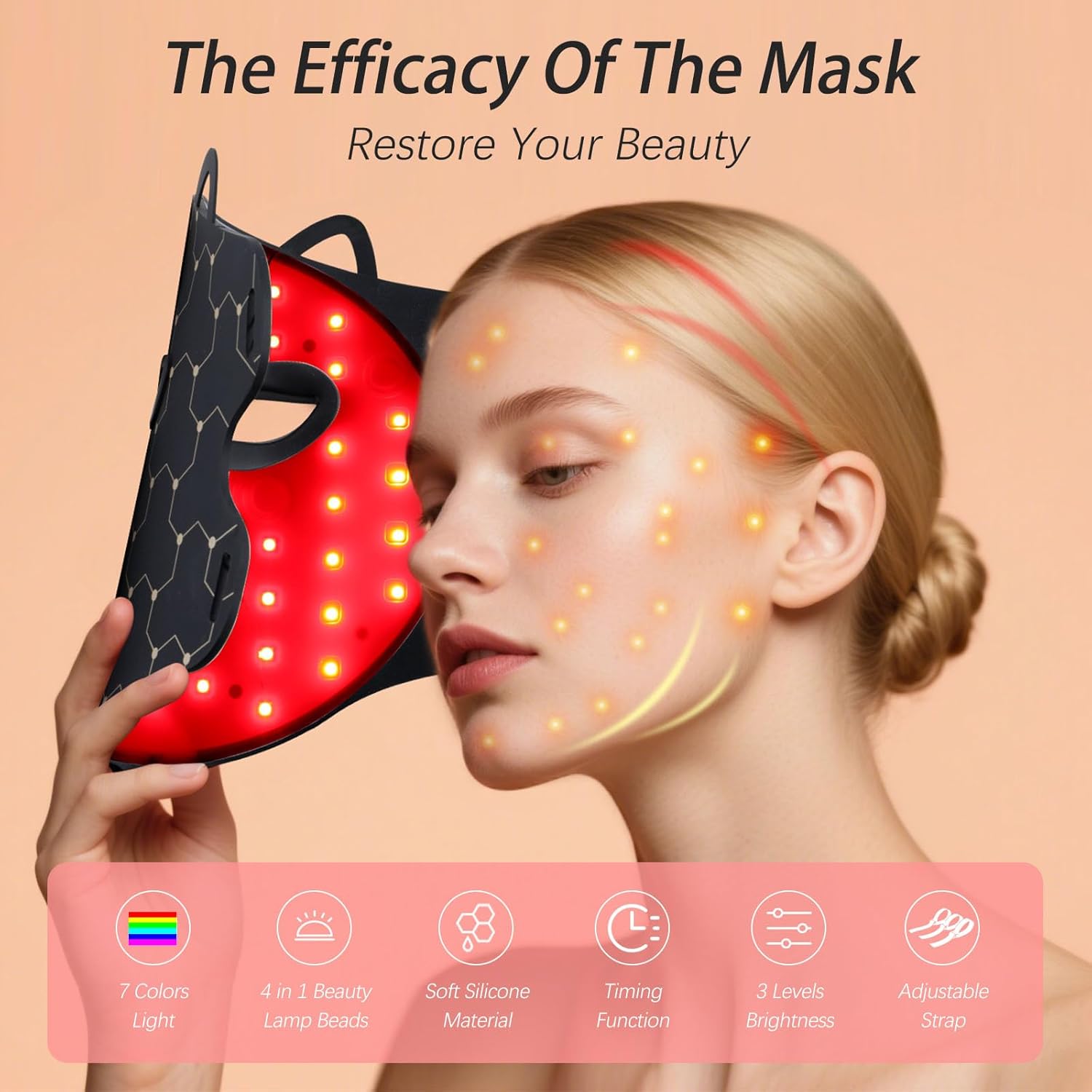 Mascara Led Facial Máscara Facial de Terapia de Luz Roja LED con 7 Modos para Acné, Arrugas y Rejuvenecimiento de Control Remoto, Recargable para el Cuidado de la piel del Hogar