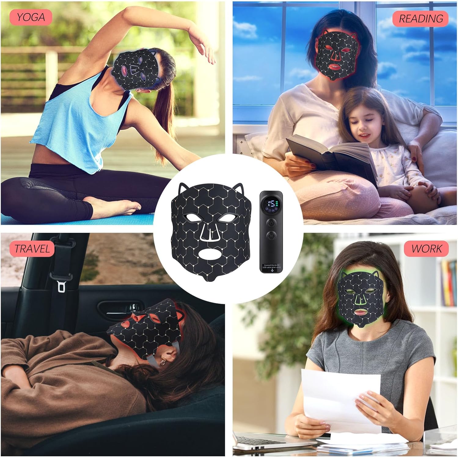 Mascara Led Facial Máscara Facial de Terapia de Luz Roja LED con 7 Modos para Acné, Arrugas y Rejuvenecimiento de Control Remoto, Recargable para el Cuidado de la piel del Hogar